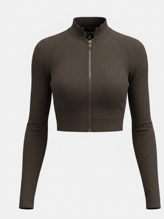 SET Active Tops - SET ACTIVE Women's Activewear Ribbed Sportbody Zip Up Cropped Top, Brown, Size S